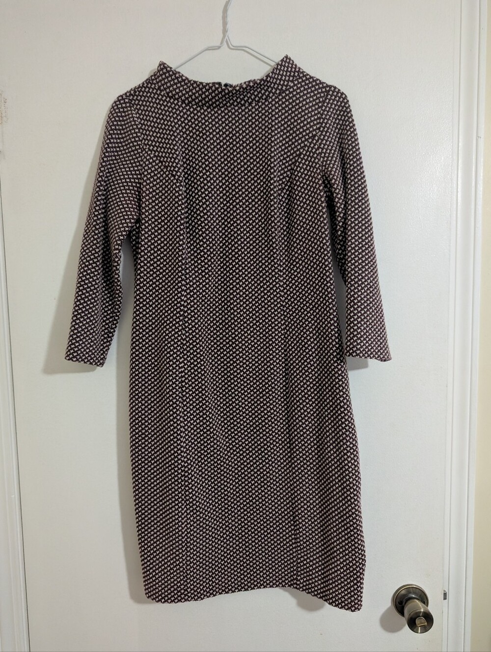 Talbots Burgundy Houndstooth Knit Funnel Neck Sheath Dress 3/4 Sleeve Petite 6P